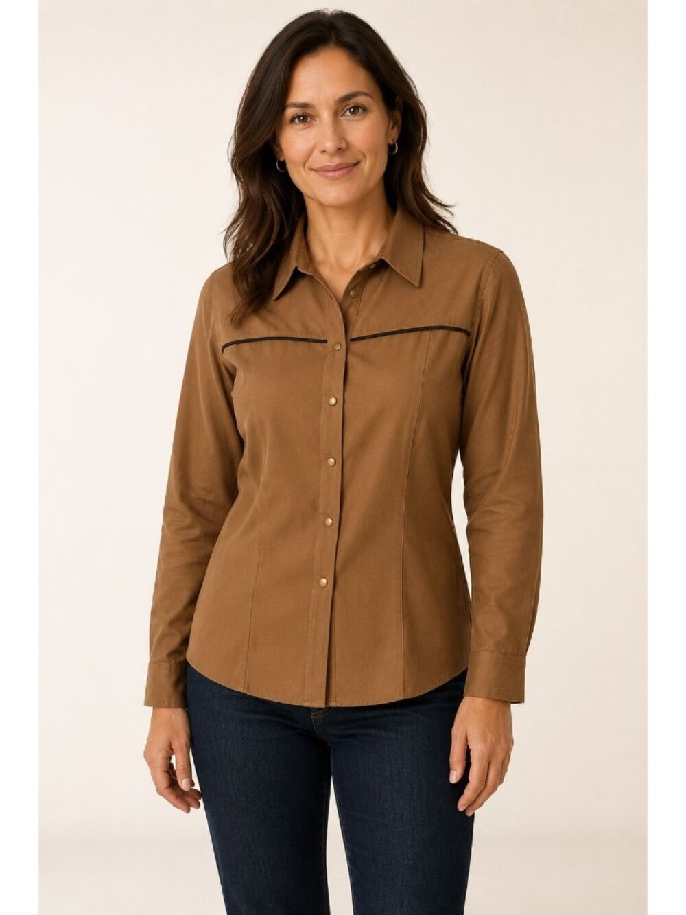 Cleanwater Women Western Button Up Shirt Long Sleeve Contrast Trim Camel Medium